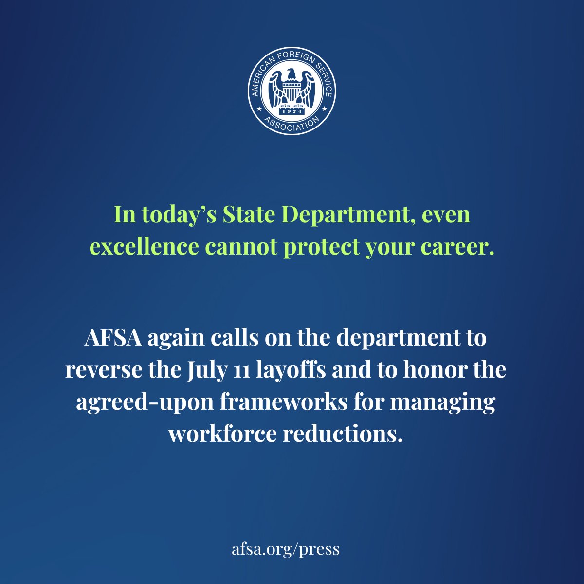 The 2025 Foreign Service promotion lists are out. This year’s lists reveal a stunning contradiction: according to AFSA’s estimates, at least 10 diplomats promoted in the 2025 cycle were also among the 264 laid off on July 11.

This is further evidence that the cuts were not based