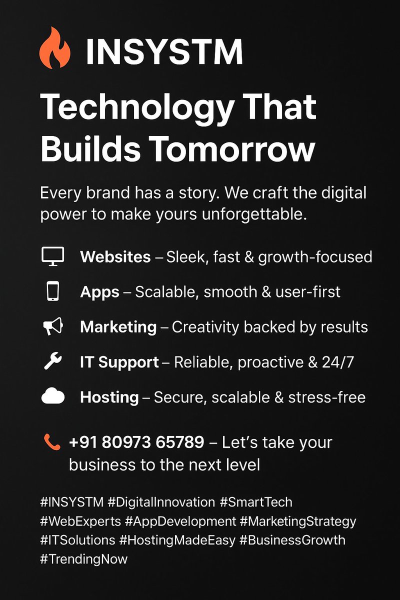 online_insystm's tweet image. ⚡ INSYSTM – Smart Tech. Smarter Growth.
💻 Websites – Conversion-driven
📱 Apps – Scalable &amp;amp; user-first
📣 Marketing – Creative + measurable impact
🛠️ IT Support – Always reliable
☁️ Hosting – Secure &amp;amp; stress-free
📞 +91 80973 65789
#INSYSTM #FutureReady