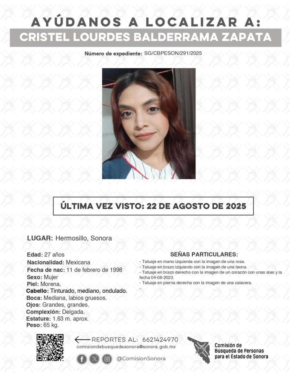 ¡🚨 URGENTE! 🚨

AYÚDANOS A LOCALIZAR A:
CRISTEL LOURDES BALDERRAMA ZAPATA
📂 Expediente: SG/CBPESON/291/2025