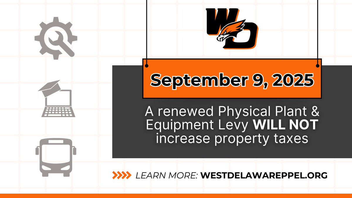On September 9, West Delaware CCSD residents will consider renewing a voted Physical Plant &amp; Equipment Levy. If it’s approved, the levy would remain at the same rate through 2036.

Learn more: westdelawareppel.org