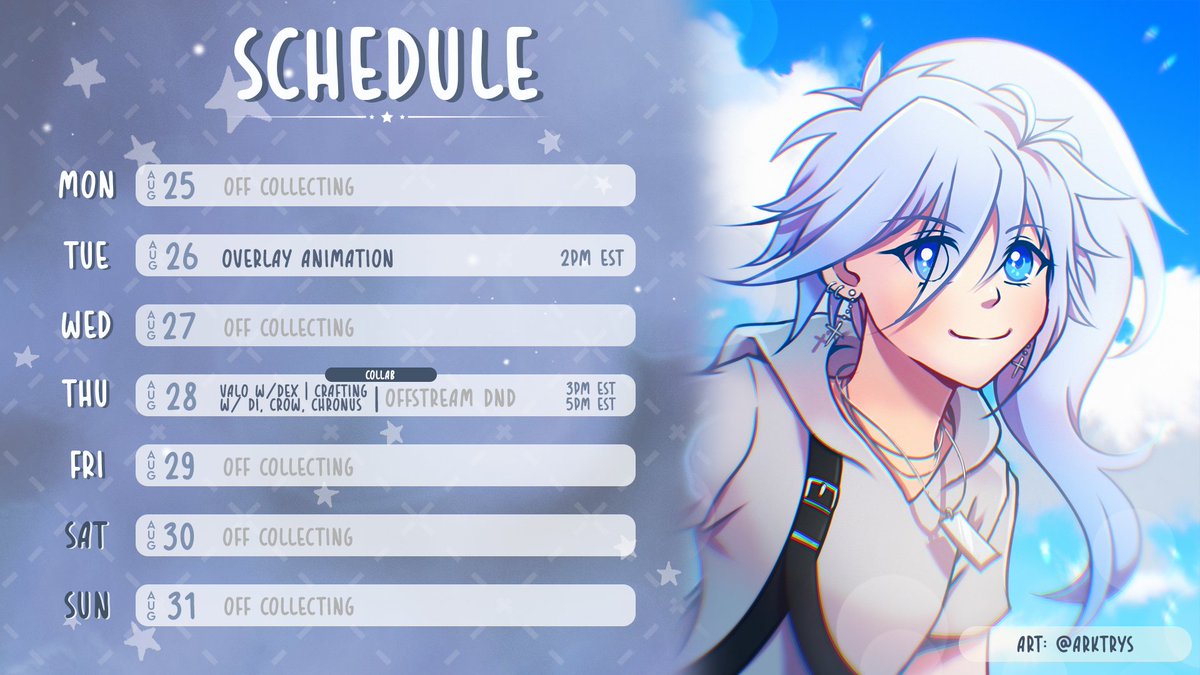 This week is animation grind week! Working on overlays for @/CocoakoiVA and then we have a double stream on Thursday! Valorant with @/DextriusUK, then followed by crafting with @/DiLunaLepus @/CrowKurono and @/ChronusVT joining later!

#ENVtubers #VTuberUprising #schedule