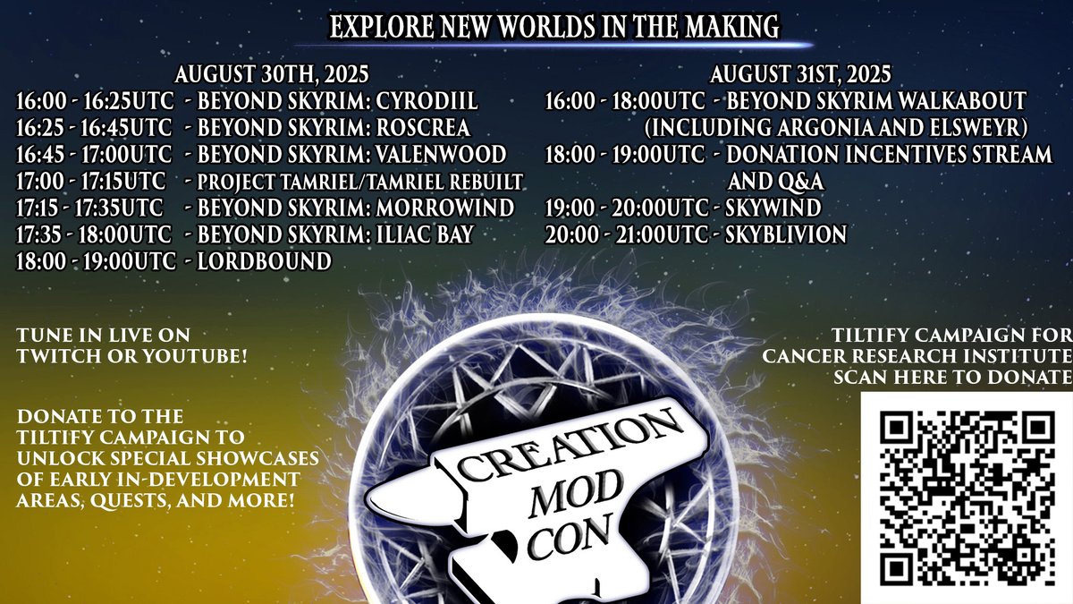 Skyblivion (@tesrskyblivion) on Twitter photo Join us live at Creation Mod Con 2025! ▶️
We're participating in <a href="/creationmodcon/">Creation Mod Con</a>, a two-day virtual livestream highlighting some of the biggest modding projects in Skyrim, all for charity.
Join us and consider donating to <a href="/CancerResearch/">Cancer Research Institute</a>: tiltify.com/@creation-mod-… Join us live at Creation Mod Con 2025! ▶️
We're participating in <a href="/creationmodcon/">Creation Mod Con</a>, a two-day virtual livestream highlighting some of the biggest modding projects in Skyrim, all for charity.
Join us and consider donating to <a href="/CancerResearch/">Cancer Research Institute</a>: tiltify.com/@creation-mod-…