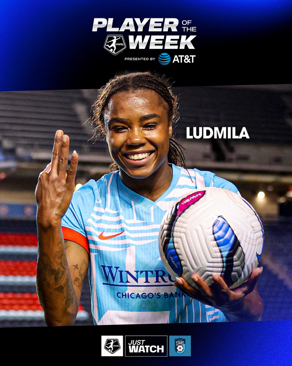 NWSL's tweet photo. ☝️,✌️,🤟

Ludmila scored the fastest hat trick in #NWSLHistory after coming off the bench to secure a point for the Chicago Stars. 

Congratulate her down below for her Week 17 @att Player of the Week performance! https://t.co/Cup59t4uj5