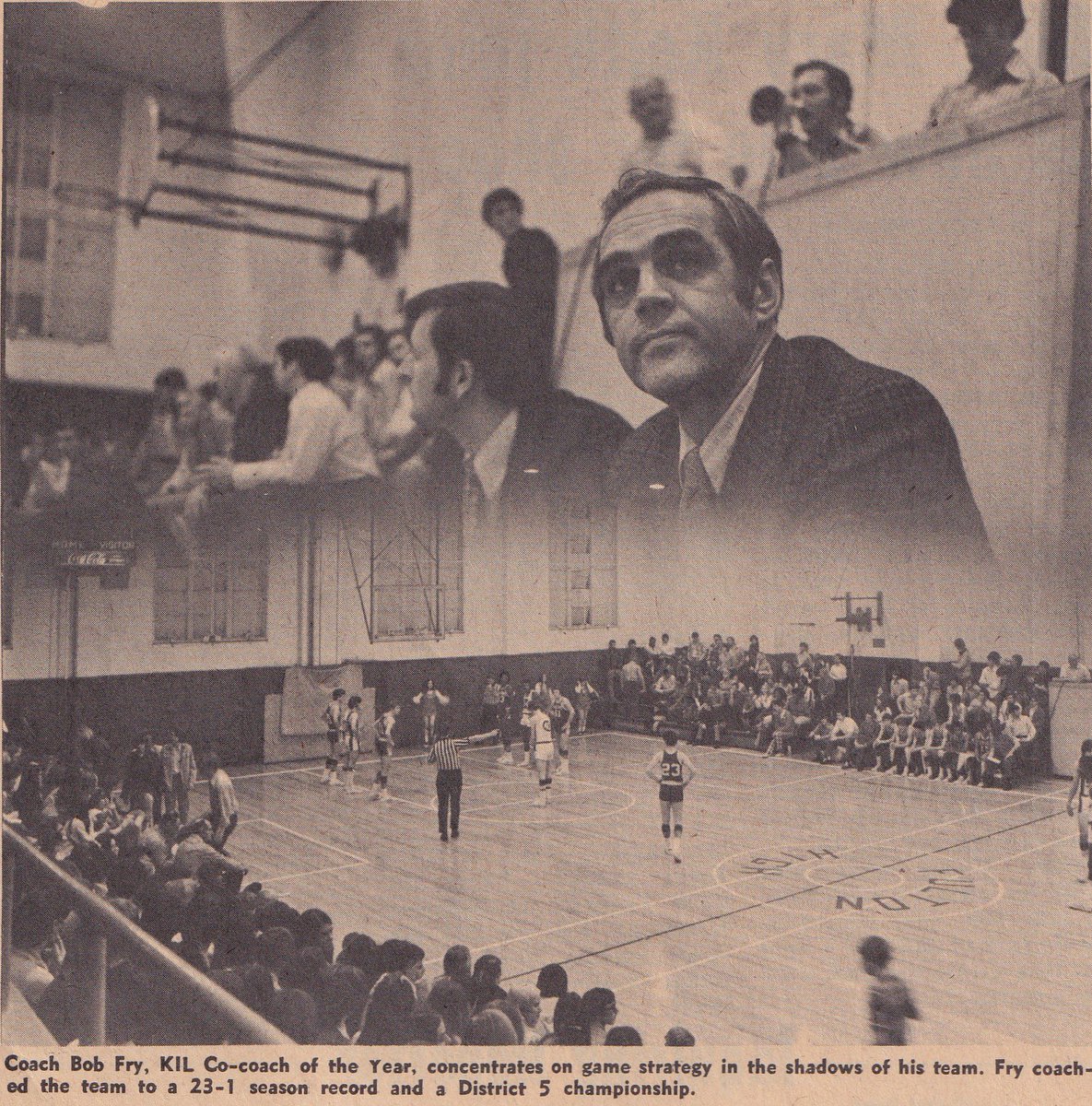FultonFlashback's tweet photo. Fulton Basketball coaches Bob Fry and Bill New on the bench in the old Fulton Gymnasium in 1972. https://t.co/VicGXeP0J3