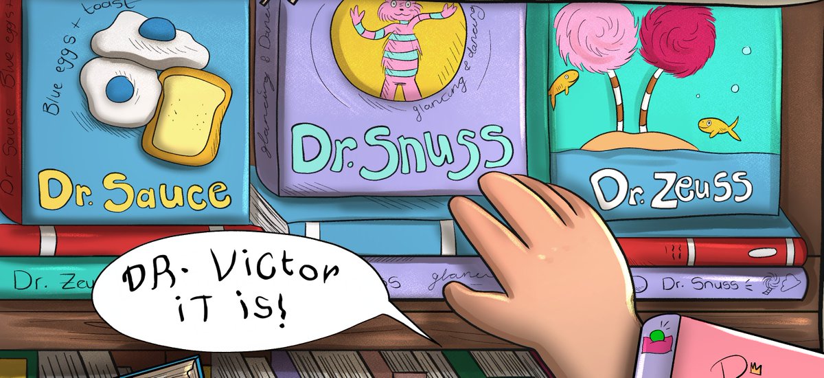 ARoseberg's tweet photo. I went to the library, and I got inspired 🤓. I went to the Dr. Seuss section, and instead found Dr. Sauce, Dr. Snass, and Dr. Zeuss.

BAM! My pen name should be Dr. Victor! 🥼✨ Sounds pretty cool, right?

—Victor (uhh… I mean… Dr. Victor) 😎 #childrensbook #drseuss #penname https://t.co/QLPtS1qDuq