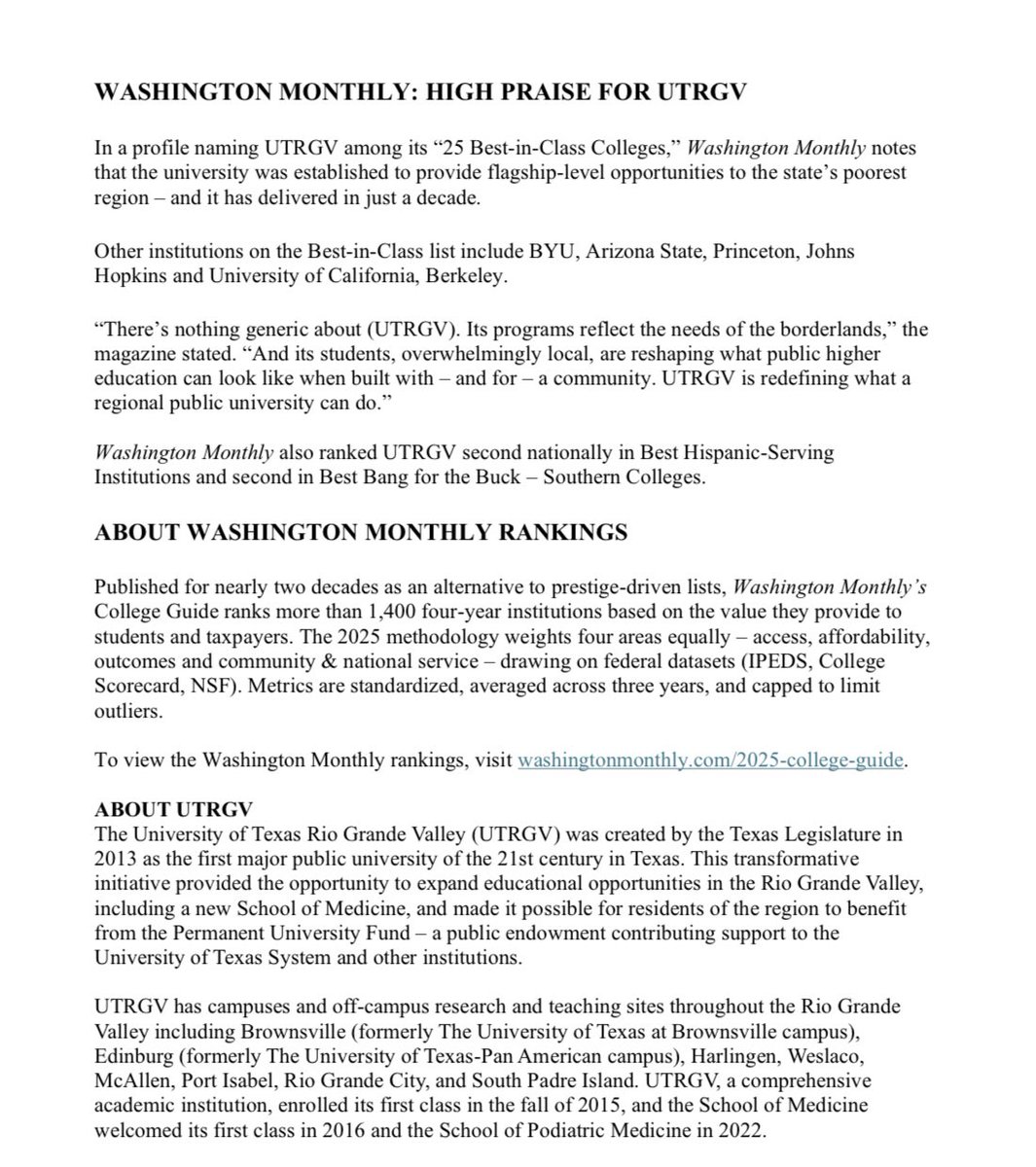 Big news for the Rio Grande Valley! <a href="/utrgv/">UTRGV</a> is now ranked No. 7 in the nation and No. 1 in Texas for the third straight year by Washington Monthly! A huge win for affordability, access, and student success, proving The Future of Texas is right here at UTRGV!