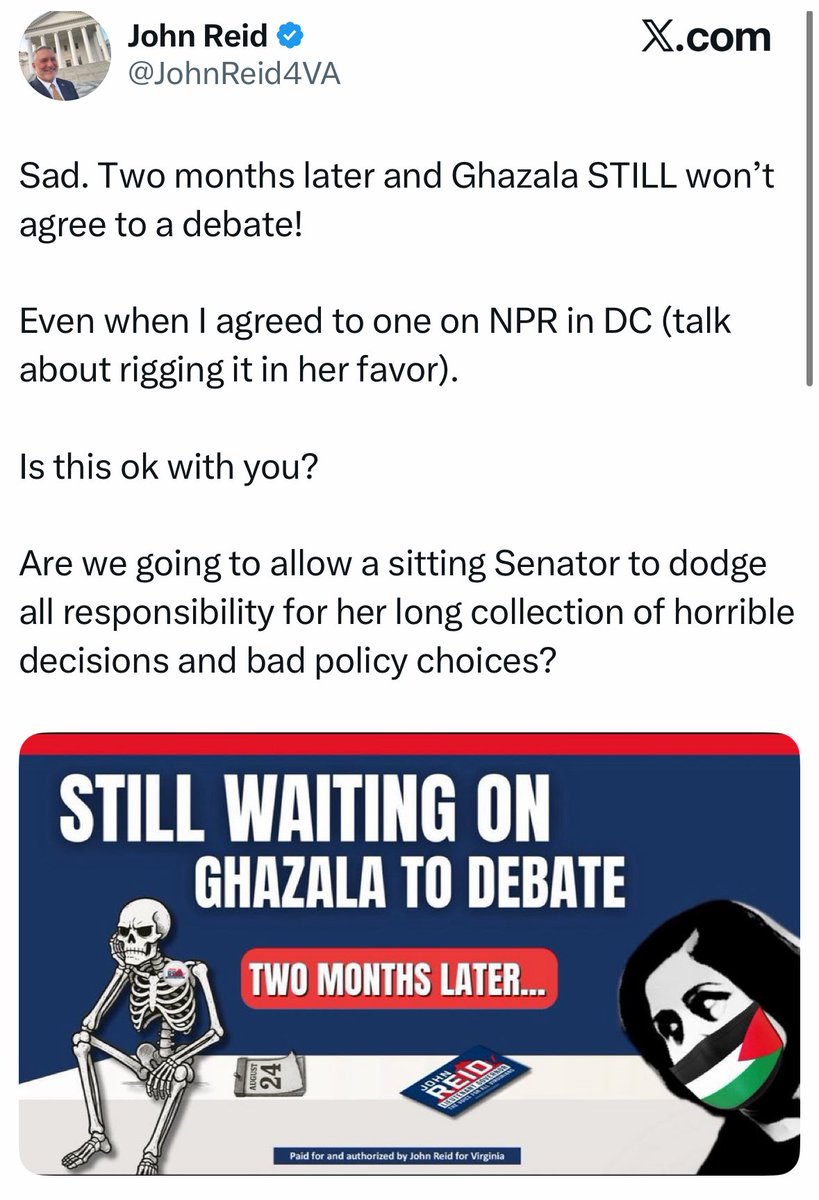 ROOZVA's tweet image. This is the most important aspect of the elections this fall that no one is talking about. 

@JohnReid4VA has done everything possible to get Hidin’ Ghazala Hashmi to agree to a debate, and she has still refused. 

But the worst part is, the media seems determined to let her get…