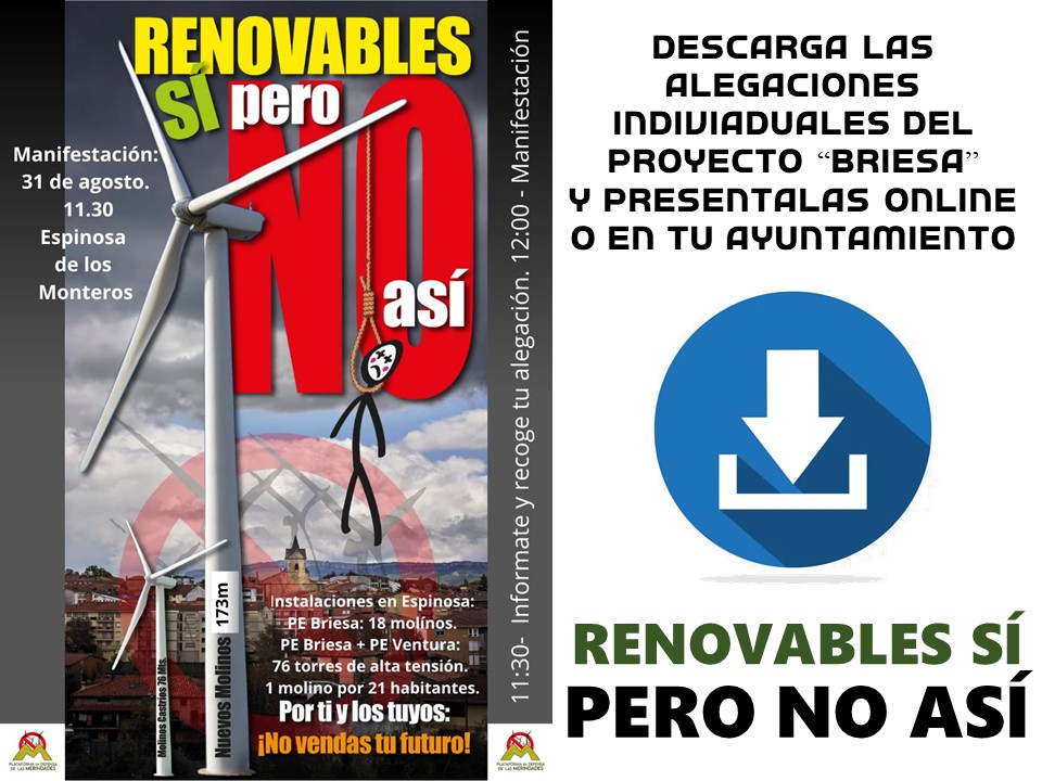 🚨 ALERTA en Las Merindades. El macroproyecto eólico BRIESA amenaza Espinosa de los Monteros con molinos de 173m (¡1 por cada 21 hab.!) y 76 torres de alta tensión. #RenovablesSíPeroNoAsí

Tu apoyo es crucial. Actúa AHORA:

drive.google.com/drive/folders/…