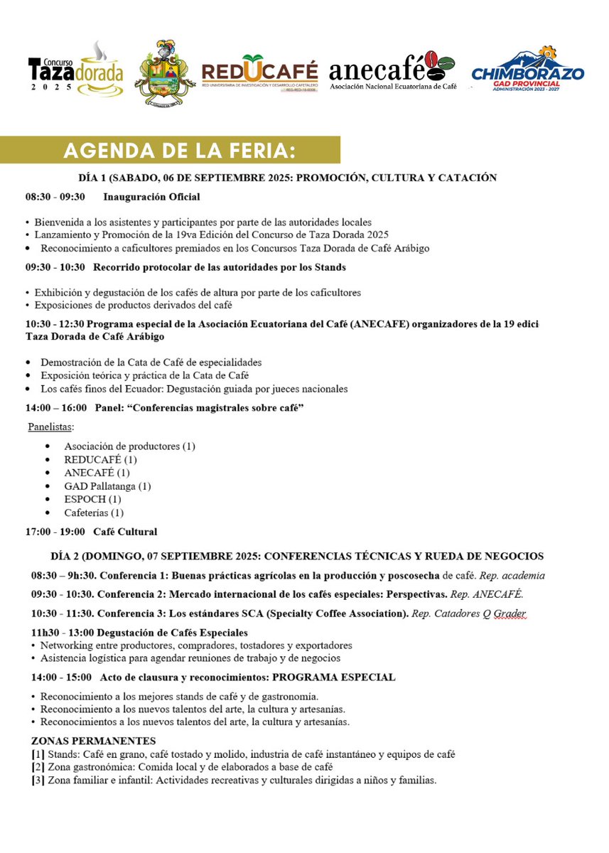 Invitamos al sector café a la feria de cafés especiales que se realizará en Pallatanga el 6 y 7 de septiembre, donde se promoverá el concurso Taza Dorada Arábigo 2025☕

Aplaudimos todo espacio dedicado a fomentar la excelencia del café Ecuatoriano🇪🇨
Los esperamos!
#tazadorada