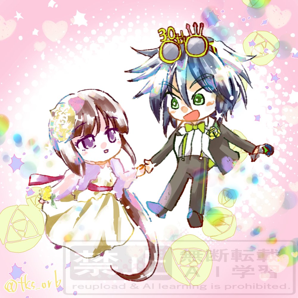 tks_orb's tweet photo. めでたいことがあって嬉しいね、のガロードとティファ。周年のドレスアップもほんとかわいいので遅ればせながらかわいいふたりを描きました。並んでる姿をにこにこしながらずっと眺めていたいふたり。 https://t.co/BIO4LflmGt