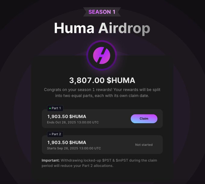 Jest kolejny airdrop ziomeczki!! 🪂🔥

Jak podaje zagramanica, projekt <a href="/humafinance/">Huma Finance 🟣</a> ogłosił swój pierwszy sezon airdropowy!

Jeżeli działaliście, to oczywiście zapraszam was o tu 👇
claim.huma.finance

Snapshot został wykonany 23 sierpnia, 20:30 📸

Lecimy po 1k followersów,