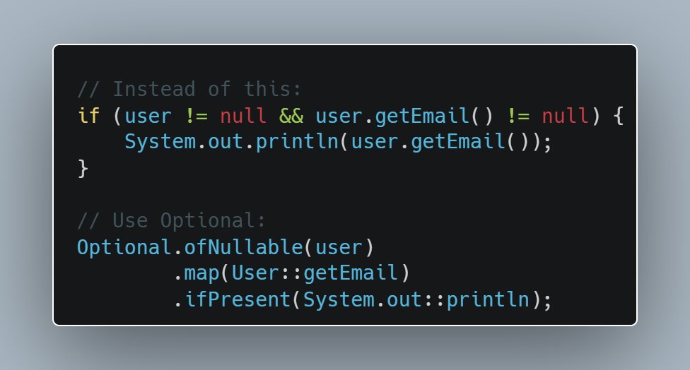 itsvaibhavp's tweet image. We’ve all been there — staring at a frustrating NullPointerException, wondering how it slipped through😅

Instead of sprinkling if (obj != null) all over your code, try using Optional.
It makes your Java code safer, cleaner, and much easier to read and maintain👇
#Java #CleanCode