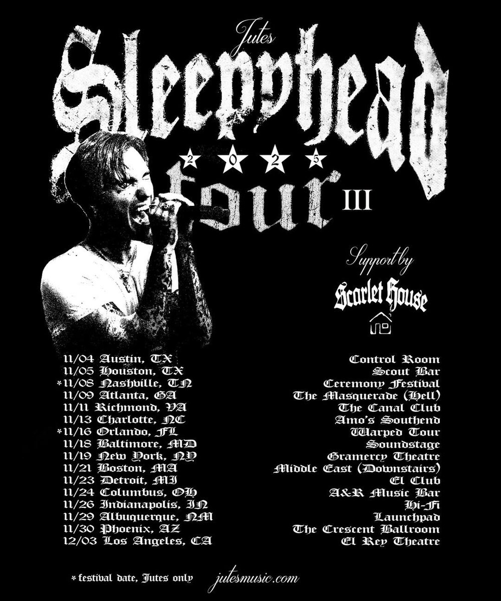 jutesmusic's tweet image. ok sleepyheads, ask and u shall receive... I&apos;m going back on tour in november for the final leg of my sleepyhead tour and im bringing @scarlethouse_ with me.
tickets are on pre sale tomorrow at 10am pst [the code is SLEEPYHEAD] and on general sale thursday at 9am pst.