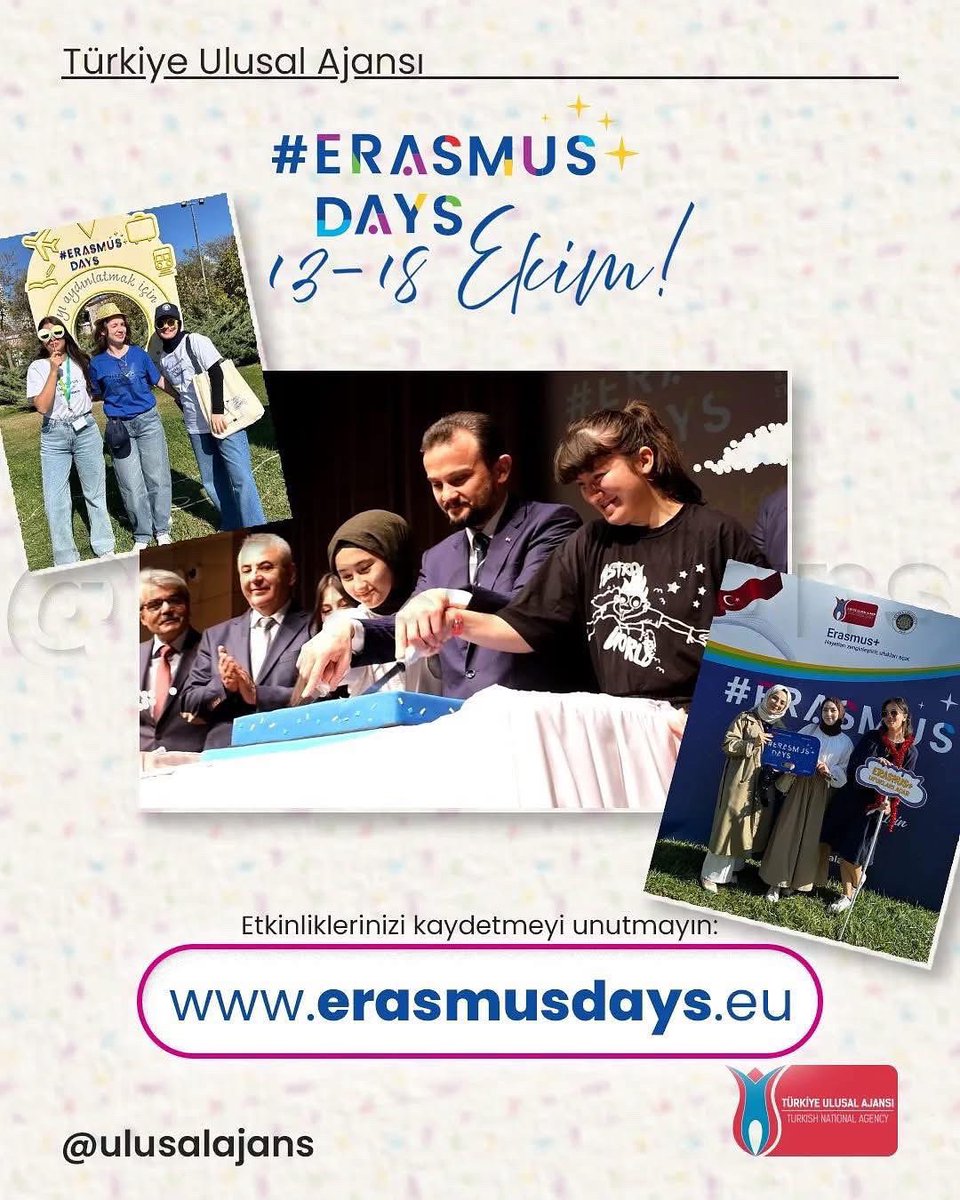 #ErasmusDays 13–18 Ekim 2025’te her yerde!
Tüm dünyayla birlikte ülkemizin her köşesinde Erasmus+ Günlerini kutluyoruz! 

📍Etkinliğini mutlaka erasmusdays.eu/organize-an-ev… adresinden kaydet! 

<a href="/tcmeb/">Millî Eğitim Bakanlığı</a> <a href="/MucahitYentur/">Murat Mücahit Yentür</a> <a href="/onegicemil/">Cemil Özgür Öneği🇹🇷</a> <a href="/ahmetcoskun6134/">AHMET COSKUN</a> <a href="/ulusalajans/">Türkiye Ulusal Ajansı 🇹🇷 Turkish NA</a>