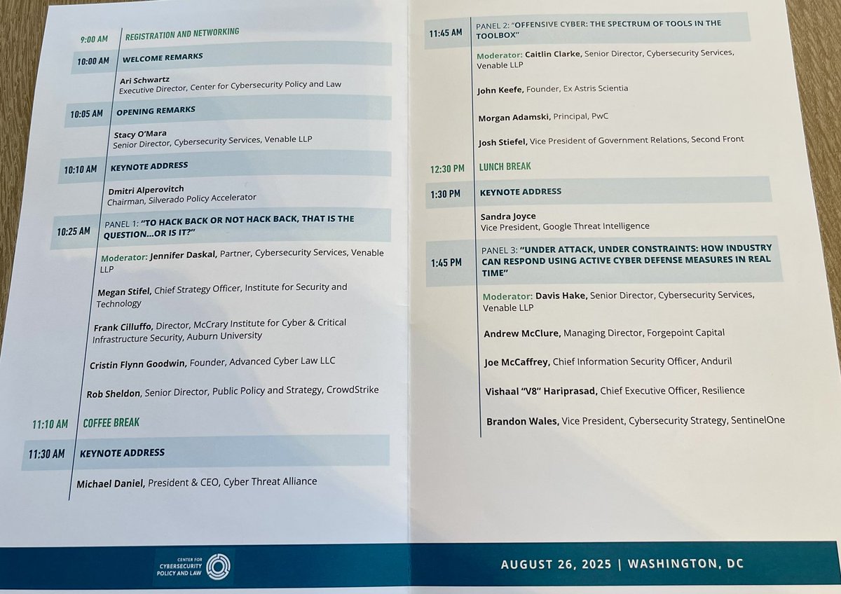 christinayiotis's tweet image. Sandra Joyce, Vice President, @Google Threat Intelligence, delivers Keynote at Venable LLP Center for Cybersecurity Policy and Law’s “Offensive Cyber Operations--Charting a #Legal and #Strategic Path Forward” #CyberOperations #ActiveCyberDefense @CyberSecCenter @VenableLLP