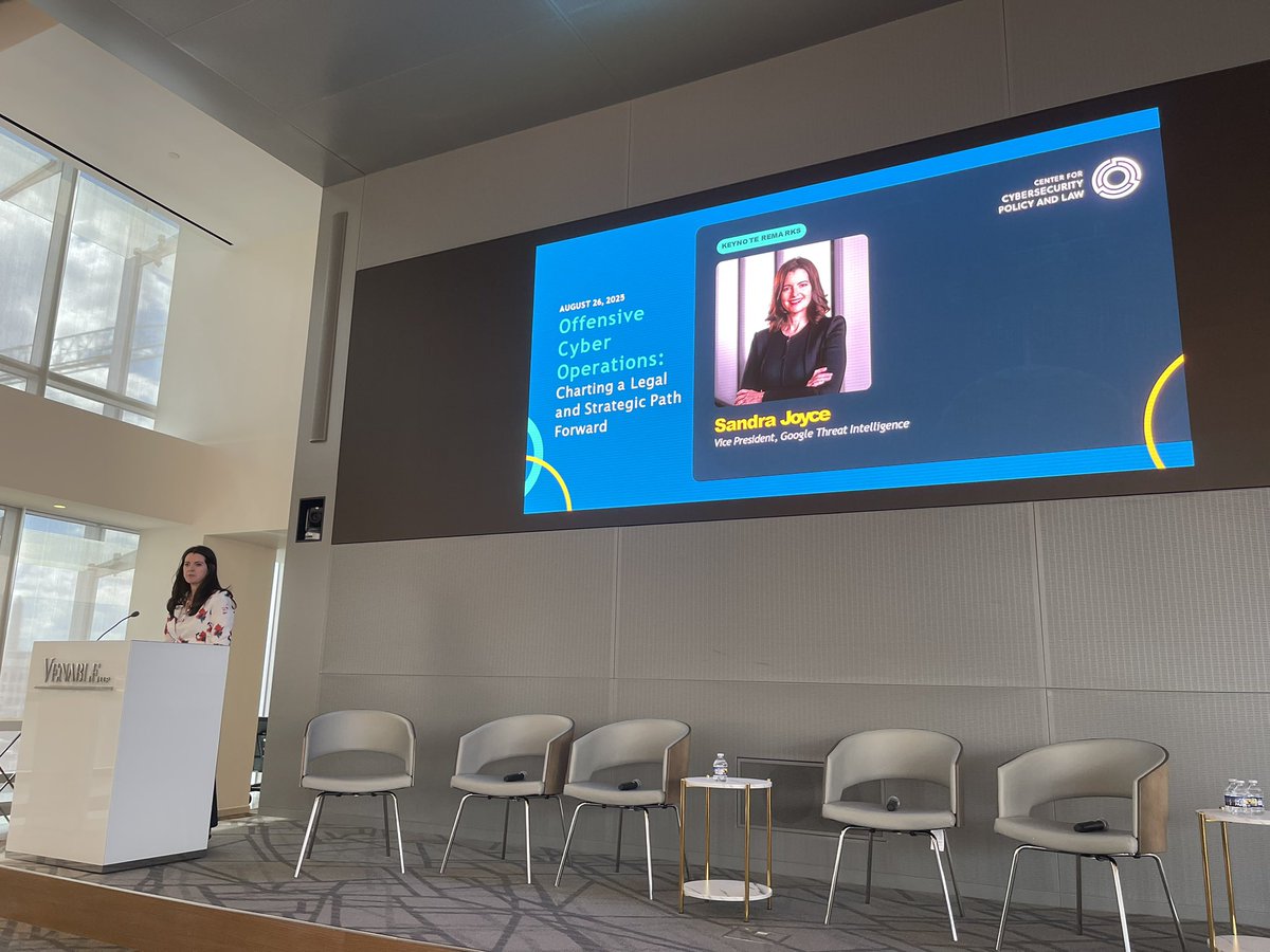christinayiotis's tweet image. Sandra Joyce, Vice President, @Google Threat Intelligence, delivers Keynote at Venable LLP Center for Cybersecurity Policy and Law’s “Offensive Cyber Operations--Charting a #Legal and #Strategic Path Forward” #CyberOperations #ActiveCyberDefense @CyberSecCenter @VenableLLP