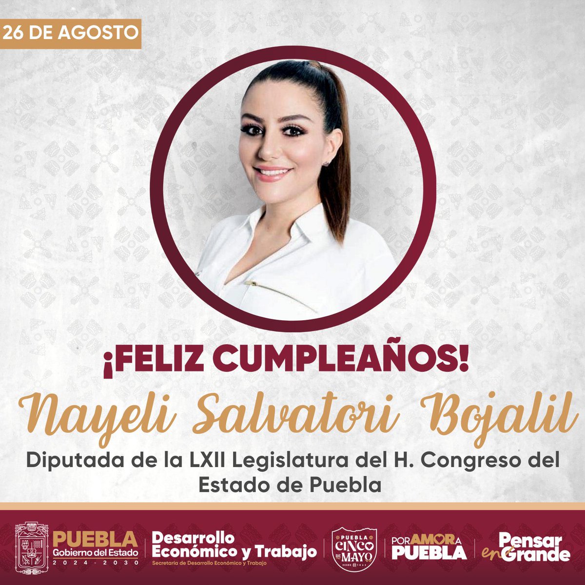 Con gran aprecio y reconocimiento, felicito a la Diputada <a href="/Naysalvatori/">Nay Salvatori</a> de la LXII Legislatura del <a href="/CongresoPue/">H. Congreso de Puebla</a>, con motivo de su cumpleaños. 🎂🎉

Su entusiasmo en el servicio público inspira. Que este nuevo ciclo esté lleno de salud, alegría y muchos éxitos en su vida personal