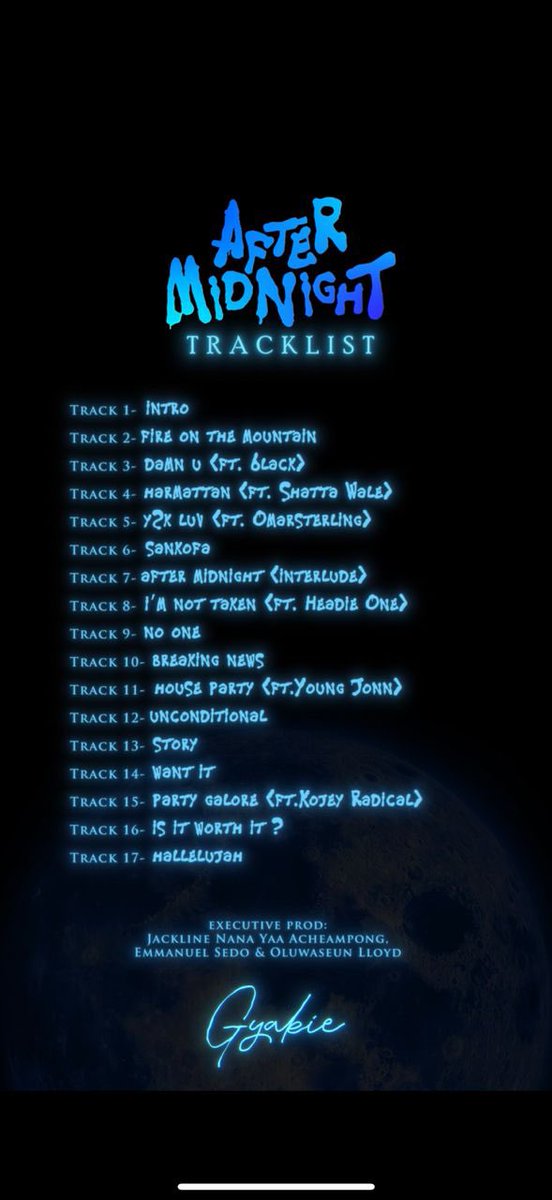 Gyakie after midnight album tracklist 🔥

Shatta wale ✍️
Omar Sterling ✍️
