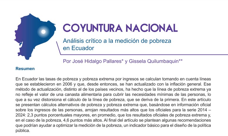Las líneas para medir la pobreza y la pobreza extrema en Ecuador se fijaron en 2006 y desde entonces se han actualizado con la inflación general. Un artículo de Carta Económica analiza ese método de medición de un indicador clave para la política pública: cordes.org/publicacion/op…