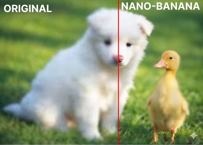 Shows AI high-resolution enhancement comparison with original image labeled 'ORIGINAL' on the left and AI-enhanced high-definition image labeled 'NANO-BANANA' on the right