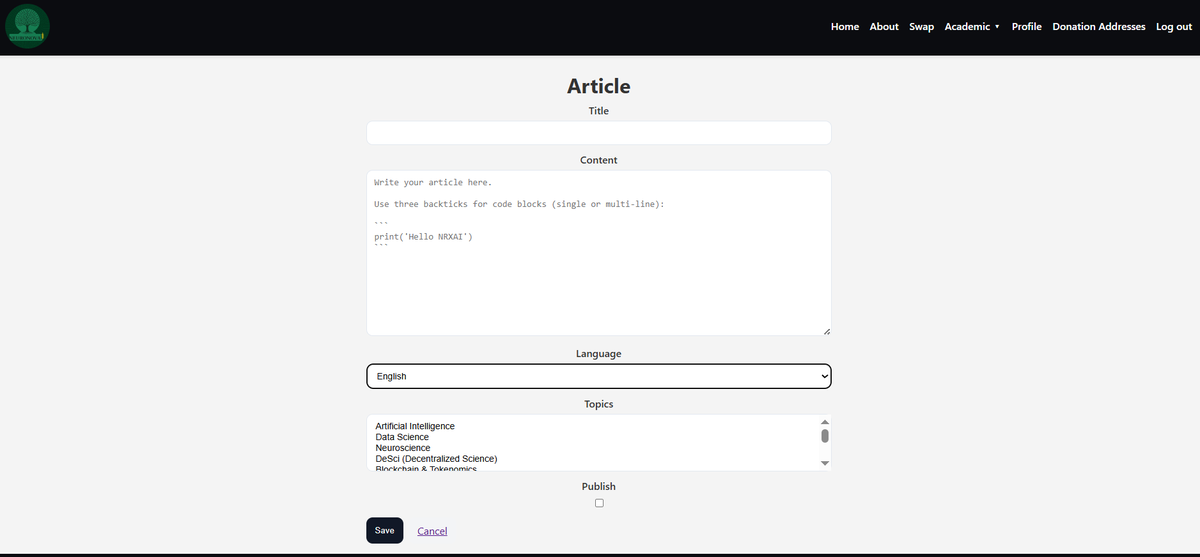 neuronovai's tweet photo. π NeuronovAI Academic just leveled up!
You can now add code blocks to your articles ππ
π To celebrate, weβll donate $30 USDT to 1 lucky writer!
β
How to join:
Publish an article on NeuronovAI Academic with at least 1 code block
Share it on Twitter with #NRXAI
β³ Deadline: September 5, 2025
Winner will be announced here! πβ¨
#NeuronovAI #AI #Crypto #DeSci #NRXAI