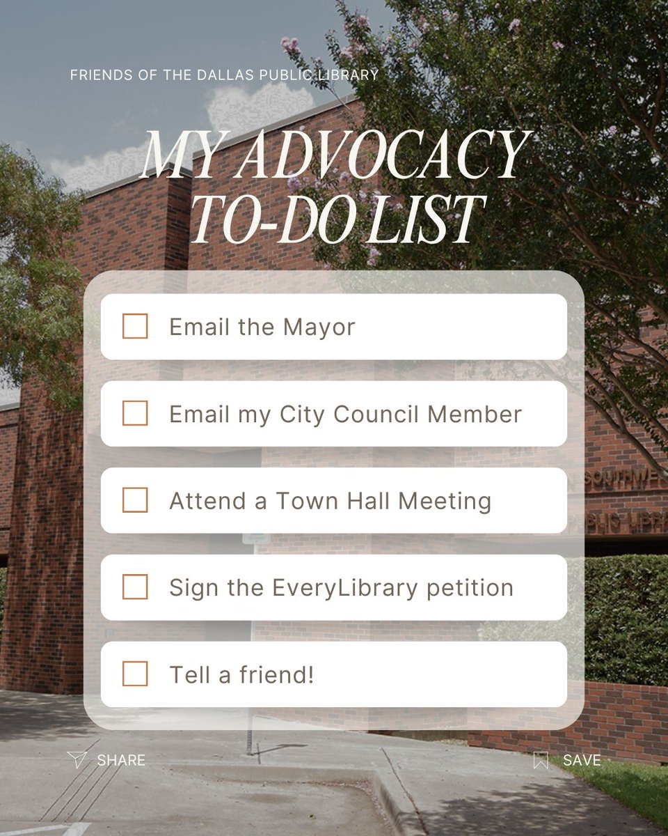 FODPL's tweet image. ✅ Advocacy made simple. Want to help stop the proposed $4.5 million in budget cuts to Dallas Public Libraries? Start here! Every action counts — and when we all speak up, our voices are impossible to ignore. 📚✨

#DallasLibraries #LibraryAdvocacy