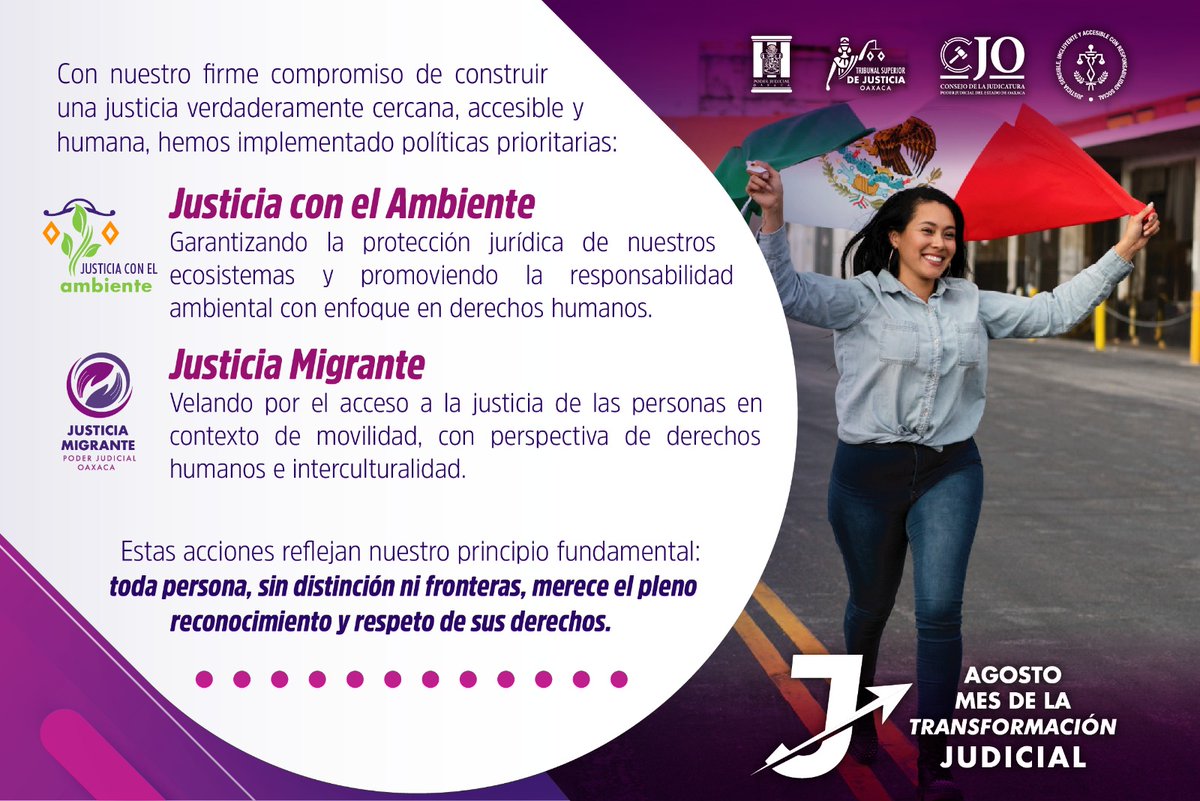 tsjoaxaca's tweet image. Durante la presente administración, el Poder Judicial de Oaxaca ha implementado políticas transformadoras centradas en dos ejes prioritarios:
✅️ Justicia Migrante
✅️ Justicia con el Ambiente

#PoderQueTransforma