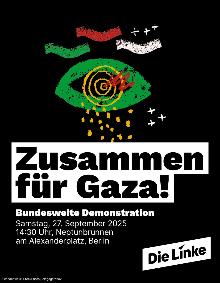 Lasst uns ein unüberhörbares Zeichen der Solidarität mit der leidenden Zivilbevölkerung in Gaza setzen. Kommt am 27.9. zur bundesweiten Demonstration "Zusammen für Gaza“ in Berlin! Treffpunkt ist um 14:30 Uhr am Neptunbrunnen. Mehr dazu auf zusammen-fuer-gaza.de