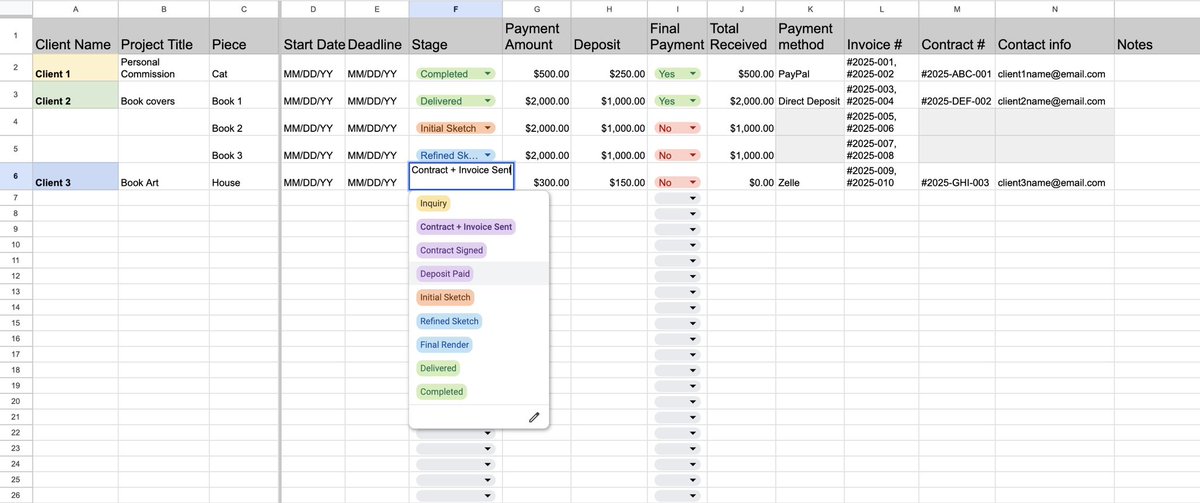 helpful tool for artists: work tracker! 

if you’re managing multiple projects, make a simple spreadsheet to track all important info/dates/costs/etc! 

here’s an example
