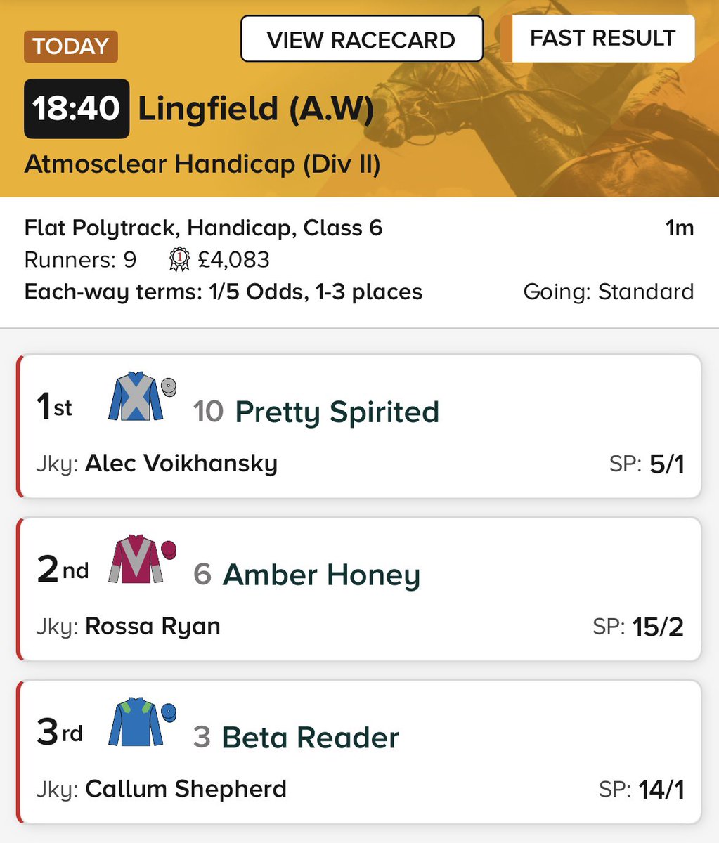 Pretty Spirited won the 18:40 @lingfieldpark ridden by Alec Voikhansky

Congratulations to connections