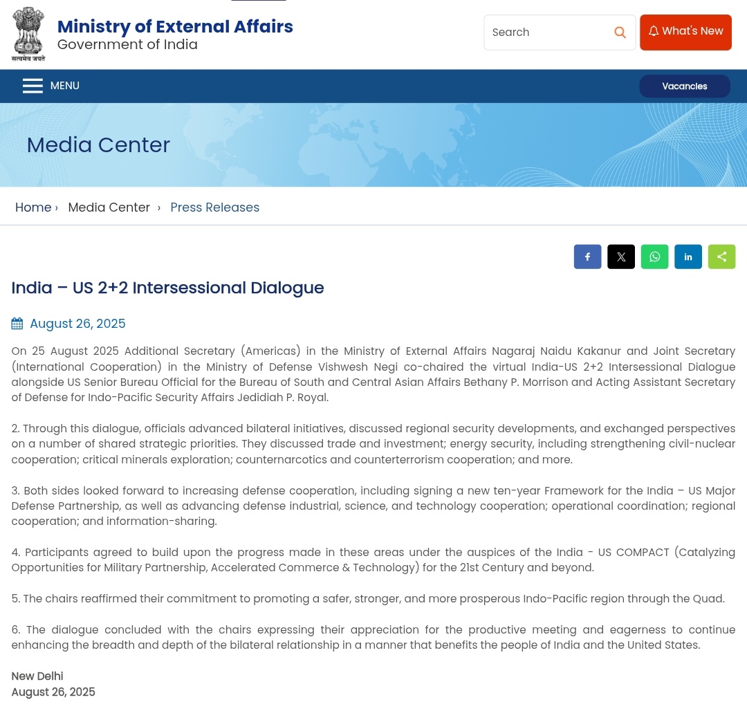 NHSMEDIA110's tweet image. India, US hold 2+2; both sides agree to boost defense cooperation, eyeing a new 10-year Framework for the India–US Major Defense Partnership #IndiaUS #Defense #2plus2 #StrategicPartnership