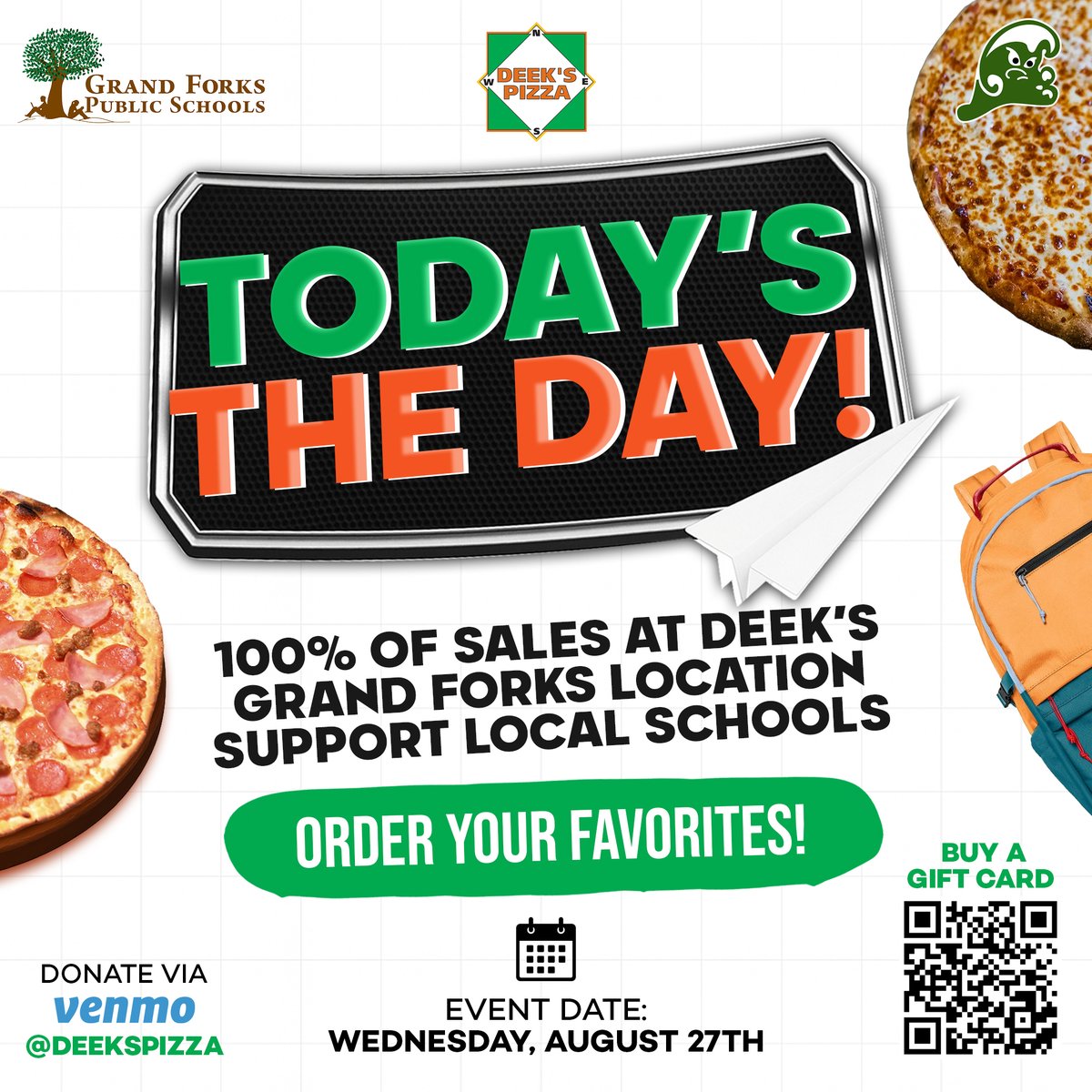Deek's Pizza ๐ (@deekspizza) on Twitter photo Today only! ๐
 Aug 27โevery bite counts! 100% of Deekโs Grand Forks sales go to local schools <a href="/EGFSchools/">East Grand Forks Public Schools</a> & <a href="/GFSchools/">Grand Forks Public Schools</a>. Order at deekspizza.com, Venmo us @deekspizza, or buy a gift card today deekspizza.com/gift-card-fundโฆ! ๐๐ Today only! ๐
 Aug 27โevery bite counts! 100% of Deekโs Grand Forks sales go to local schools <a href="/EGFSchools/">East Grand Forks Public Schools</a> & <a href="/GFSchools/">Grand Forks Public Schools</a>. Order at deekspizza.com, Venmo us @deekspizza, or buy a gift card today deekspizza.com/gift-card-fundโฆ! ๐๐