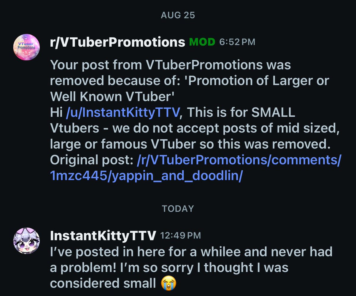 Chat I’ve made it.

Apparently I’m not small… instant ego boost unlocked 💜

Guess I’m too famous now 😤💅