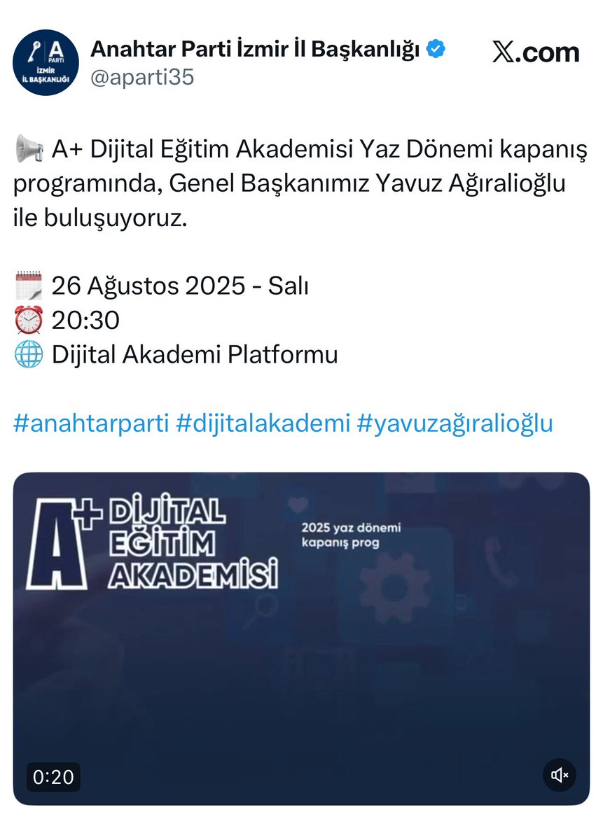 Hüseyin ÇAKIR (@huseyincakir43) on Twitter photo Genel başkanımızın, dijital akademi platformundaki kapanış konuşması yoğunluktan dolayı kilitlendi.
O kadar mutluyum ki, hep yoğunluktan kitlenelim inş.
Alacağız bilginiz olsun.
<a href="/aparti35/">Anahtar Parti İzmir İl Başkanlığı</a> <a href="/anahtarparti/">Anahtar Parti</a> <a href="/yavuzagiraliog/">Yavuz Ağıralioğlu</a> <a href="/OzcanGngr/">Özcan Güngör</a> <a href="/nihal01/">Nihal Ağca</a> <a href="/adnansuphanoglu/">Adnan SÜPHANOĞLU</a> <a href="/Hayaticetin40/">Hayati Çetin</a> Genel başkanımızın, dijital akademi platformundaki kapanış konuşması yoğunluktan dolayı kilitlendi.
O kadar mutluyum ki, hep yoğunluktan kitlenelim inş.
Alacağız bilginiz olsun.
<a href="/aparti35/">Anahtar Parti İzmir İl Başkanlığı</a> <a href="/anahtarparti/">Anahtar Parti</a> <a href="/yavuzagiraliog/">Yavuz Ağıralioğlu</a> <a href="/OzcanGngr/">Özcan Güngör</a> <a href="/nihal01/">Nihal Ağca</a> <a href="/adnansuphanoglu/">Adnan SÜPHANOĞLU</a> <a href="/Hayaticetin40/">Hayati Çetin</a>