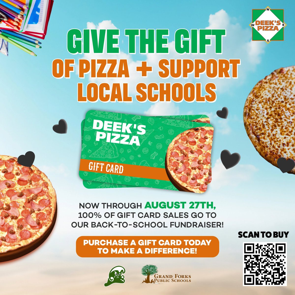 Deek's Pizza ๐ (@deekspizza) on Twitter photo Give the gift of pizza and support local schools! ๐๐ From now through Aug 27, all gift card sales benefit our fundraiser for <a href="/EGFSchools/">East Grand Forks Public Schools</a> & <a href="/GFSchools/">Grand Forks Public Schools</a>. Order at deekspizza.com, Venmo us @deekspizza, or grab a gift card: deekspizza.com/gift-card-fundโฆ Give the gift of pizza and support local schools! ๐๐ From now through Aug 27, all gift card sales benefit our fundraiser for <a href="/EGFSchools/">East Grand Forks Public Schools</a> & <a href="/GFSchools/">Grand Forks Public Schools</a>. Order at deekspizza.com, Venmo us @deekspizza, or grab a gift card: deekspizza.com/gift-card-fundโฆ