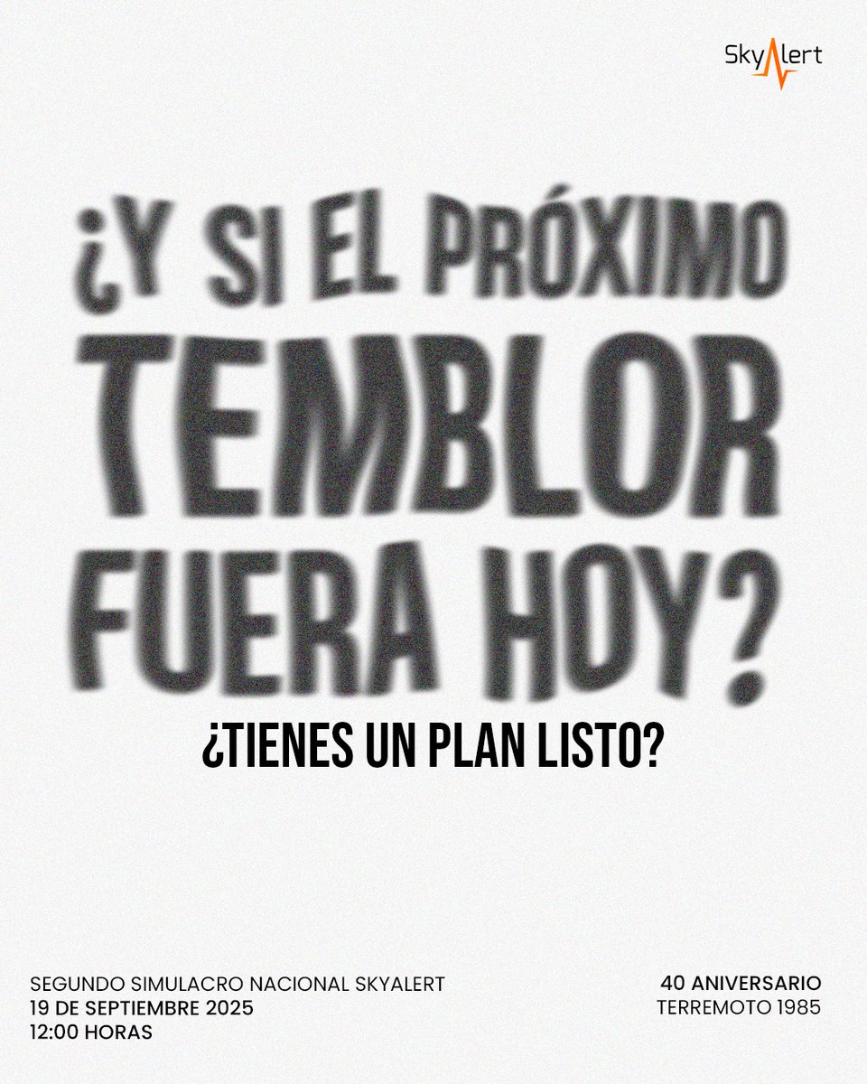 SkyAlertMx's tweet image. 📢 Cada día cuenta para estar preparados.

El próximo 19 de septiembre a las 12:00 p.m. viviremos el #SimulacroSkyAlert 2025 en empresas, hogares y escuelas. ¡Participa en este Segundo #SimulacroNacional!

📲 Descarga la #SkyAlertApp
💻 Suscríbete a #GOLD+ o #GOLDFamily

Protege…