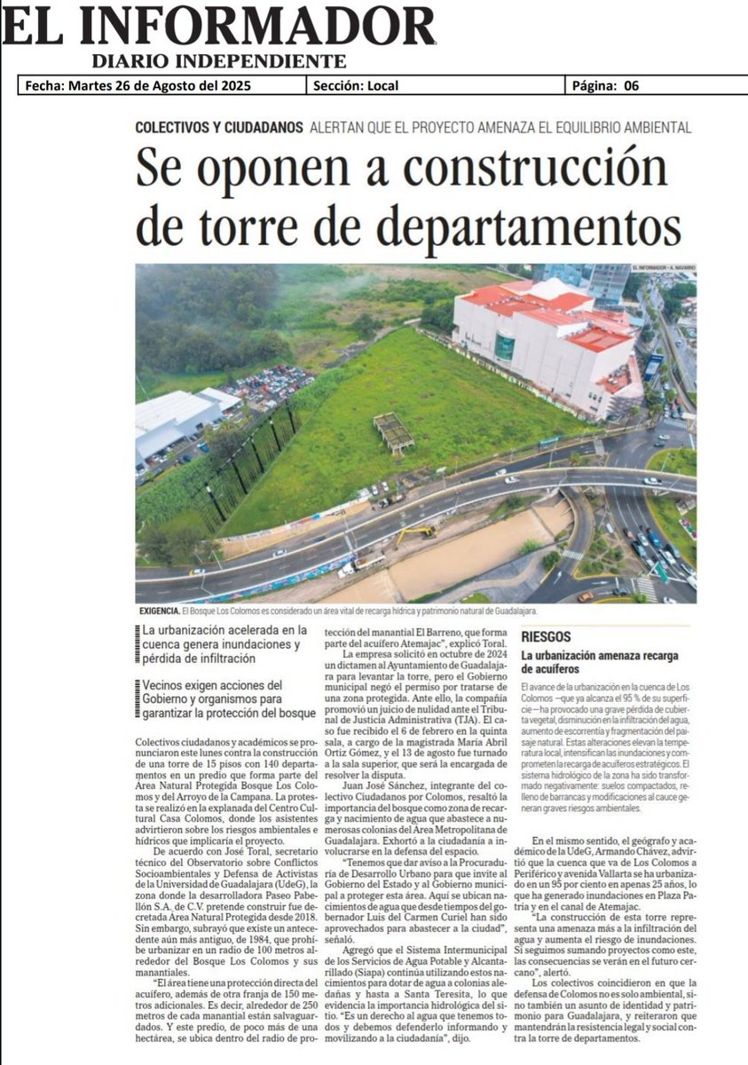 Conflictos_obs's tweet photo. #COBERTURA 📰🏞️✊
Compartimos las noticias publicadas el día de hoy en periódicos locales respecto al rechazo a la construcción de 140 departamentos dentro del Área Estatal de Protección Hidrológica Bosque #Colomos - La Campana.
@informador @MilenioJalisco @NTRGuadalajara https://t.co/RFFiNzUyC2