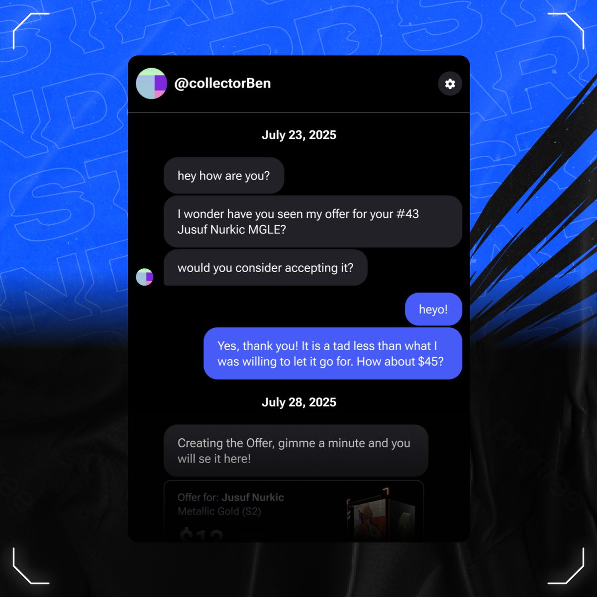 👥 Collecting is better together.

Coming soon, you’ll be able to chat directly with friends on Top Shot.

Negotiate trades. Build connections. Talk hoops.

VIPs gained access this morning. 

Want early access? Drop your username in the replies and we’ll get you added!