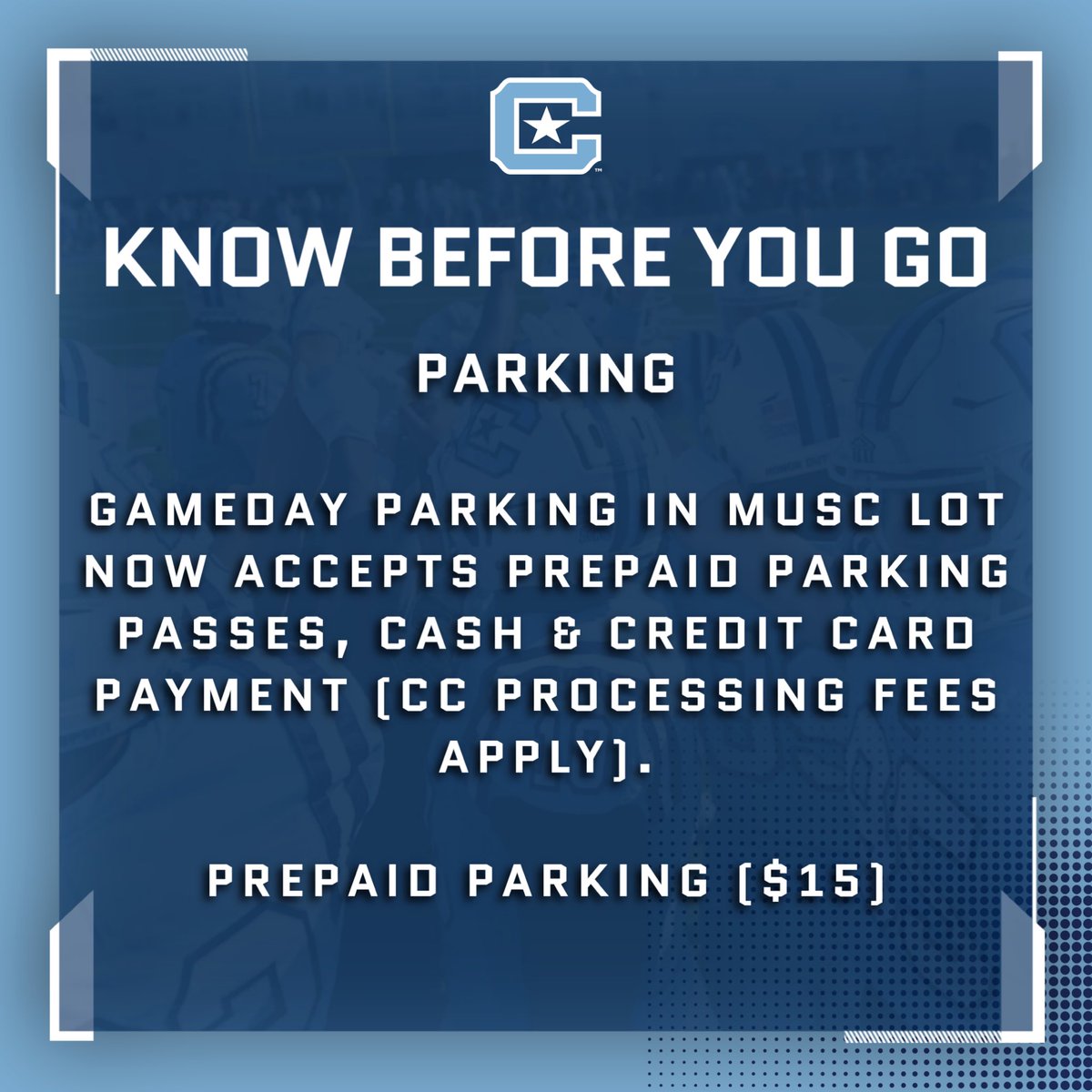 Important information and updates for this Saturday! All the details you need for an awesome gameday experience. 

Tickets: bit.ly/thecitadeltick…
Gameday Guide: bit.ly/4fUmdLi
Gameday Parking: bit.ly/45PGJrT