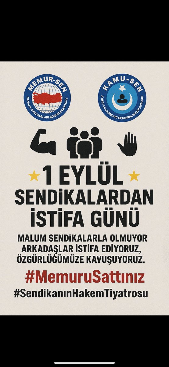 Sedikalara laf etmeyi bırakın istifa edip ceplerine giren paraları düşürmezseniz sizi düşünmemeye devam edecekler. Sendikalar hep aynı sizi hiç düşünmediler bu saatten sonra suç sendikada değil istifa etmeyen memurdadır.<a href="/MemurSenKonf/">Memur-Sen</a> <a href="/kamusen/">Kamu-Sen</a> 
 #MemurlarıBitirdiniz
