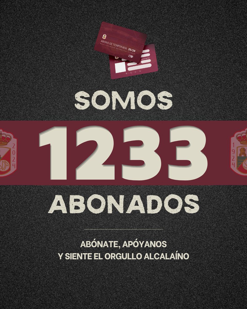💥 Ya somos 1233 los que defendemos este escudo.

Hazte abonado, suma tu apoyo y vive el orgullo de pertenecer a la RSD Alcalá.
🔴⚪ Unidos, llevamos el nombre de Alcalá a lo más alto.