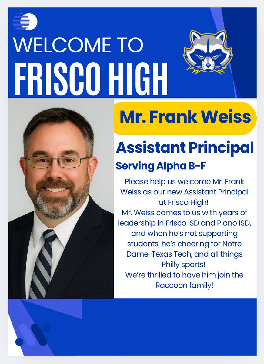 Dr. Shawn S. Perry (@drshawnperry) on Twitter photo ⭐ Welcome, Mr. Weiss! ⭐
We’re thrilled to welcome Mr. Frank Weiss as our new Assistant Principal at Frisco High!
<a href="/FHSRaccoons/">Frisco High School</a> ⭐ Welcome, Mr. Weiss! ⭐
We’re thrilled to welcome Mr. Frank Weiss as our new Assistant Principal at Frisco High!
<a href="/FHSRaccoons/">Frisco High School</a>
