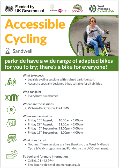 walkandcycle's tweet photo. TfWM have partnered with Midland Mencap (Parkride), to deliver a series of lnclusive Cycling led ride activities  in #Tipton #Sandwell Parkride is an inclusive adapted cycling project, offering fun and flexible cycling for all, including children, young people, and adults. https://t.co/ZgMlsEh91O