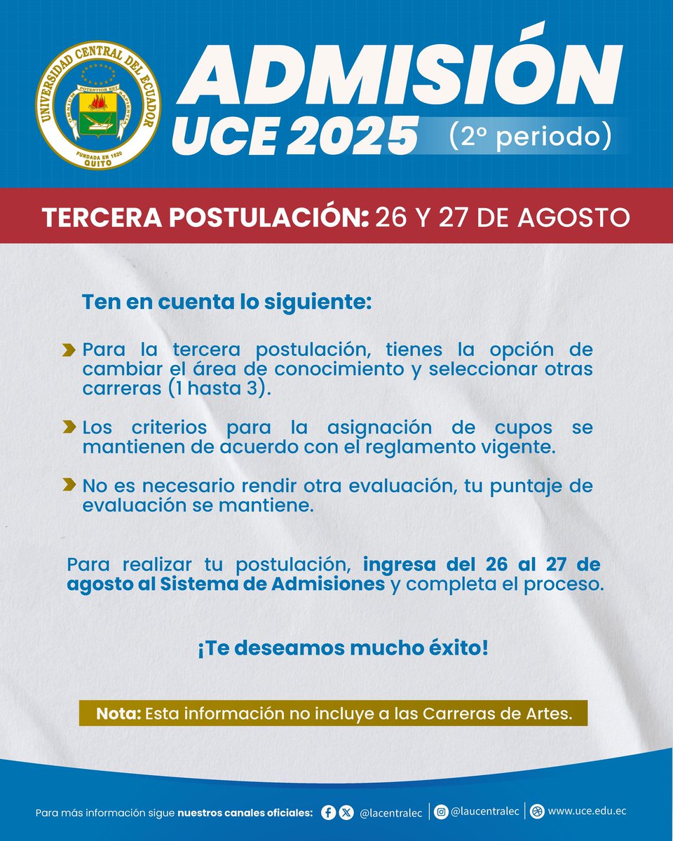 #Admisiones2025 #UCE

👉🏼𝐓𝐞𝐫𝐜𝐞𝐫𝐚 𝐩𝐨𝐬𝐭𝐮𝐥𝐚𝐜𝐢𝐨́𝐧
🔹26 y 27 de agosto 2025
🔹Ingresa al Sistema de Admisiones
🔹 Puedes cambiar de área de conocimiento y seleccionar hasta 3️⃣ carreras