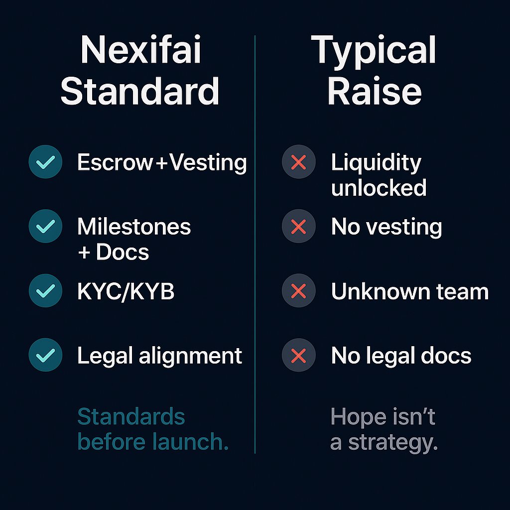 Nexifai's tweet photo. Nexifai won’t list a raise without:

Escrow + vesting
Milestones + docs
KYC/KYB
Legal alignment

We care to do it better! 
#tuesdayvibe #nexifai https://t.co/YMlOGvAF8a