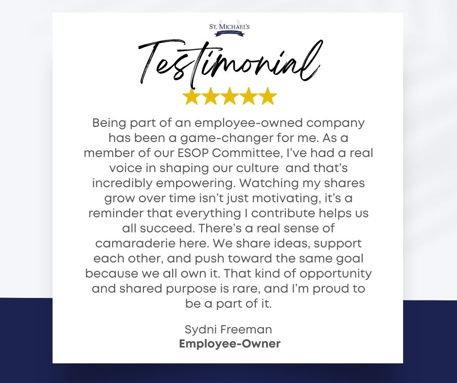 stmichaelsinc's tweet photo. ✨ Employee-Ownership in Action ✨

Being part of an employee-owned company isn’t just about shares, it’s about shared purpose.
As one of our employee-owners, Sydni, shared:

#EmployeeOwnership #ESOP #CompanyCulture #StMichaels https://t.co/iQEXUHow6C