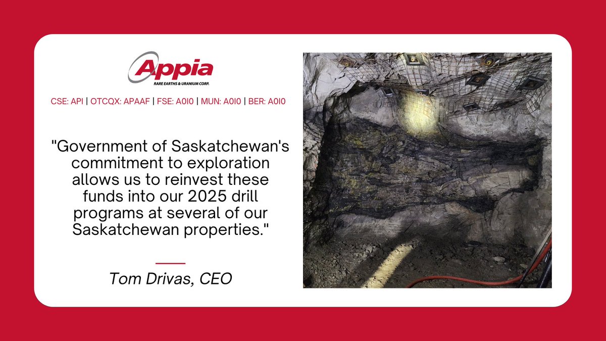 Tom Drivas, on the Government of Saskatchewan for their ongoing support 💬
"Their commitment to exploration allows us to reinvest these funds into our 2025 drill programs at several of our Saskatchewan properties."
👉 stockmkt.info/4lH9Nsh
🇨🇦 $API.CA 🇺🇸 $APAAF  🇩🇪 A0I0
