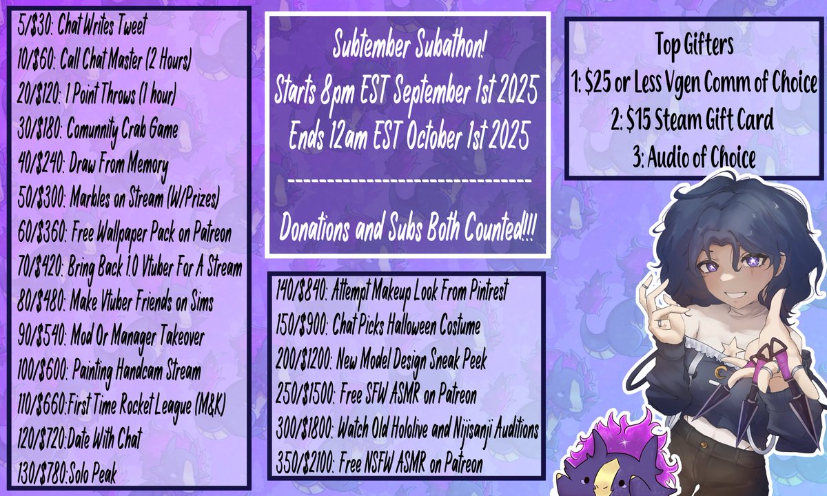 Starting Next Monday!!

Let’s celebrate discounted subs through the whole month of September AND for every 5 gift subs during Subtember a bonus sub is gifted!!!

Donations and subs with BOTH be counted toward the goal as well :D

Lets have some fun this upcoming month ⭐️💜

Gigi