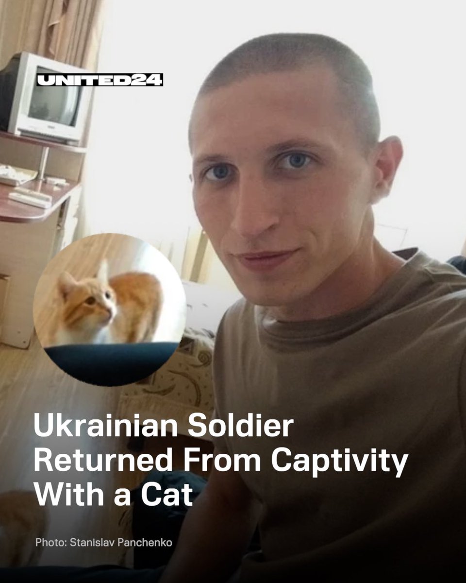 Ukrainian soldier Stanislav Panchenko recently returned from russian captivity, together with a cat, Myshko. Read the story of their return👇1/3