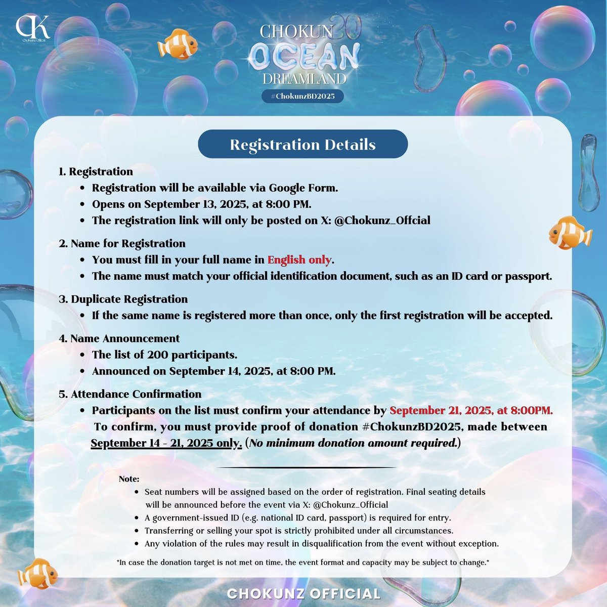 ꒰ 🍊 ꒱  รายละเอียดการลงทะเบียนเข้าร่วมงาน #ChokunzBD2025

🛥️  How to register for attending “Chokun 20th Ocean Dreamland” event. 

*ตัวอย่างฟอร์มจะแจ้งให้ทราบอีกครั้ง*

#Chokunz_jkz #Chokunputtipong